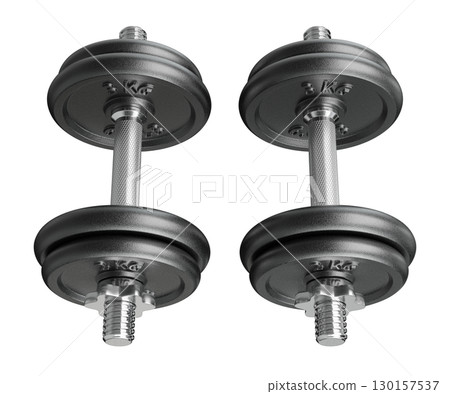 Pair of black adjustable dumbbells, weightlifting gym equipment, side view. Png clipart isolated on transparent background 130157537