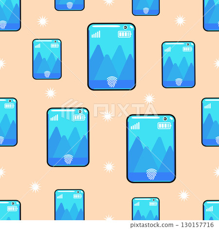 A modern pattern featuring stylized cellphones and mountain landscape design. A modern pattern featuring stylized cellphones and mountain landscape design. 130157716