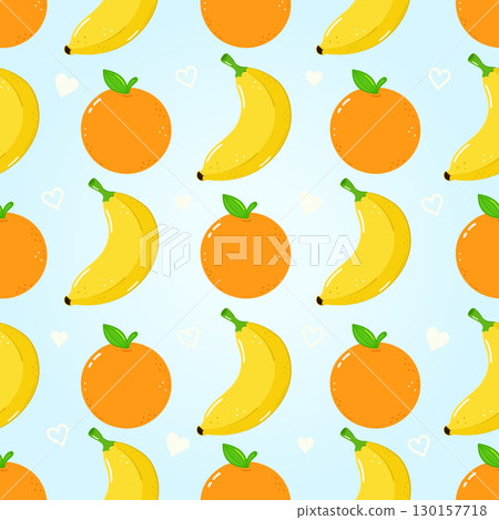 A cheerful repeating pattern featuring cartoon bananas and oranges with hearts on blue background. A cheerful repeating pattern featuring cartoon bananas and oranges with hearts on blue background. 130157718