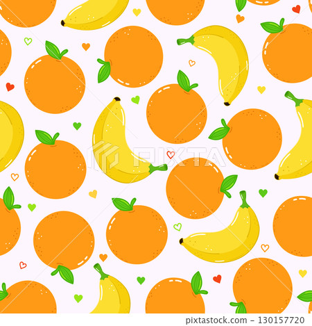 A colorful seamless pattern of oranges, bananas, and heart shapes on a white backdrop. A colorful seamless pattern of oranges, bananas, and heart shapes on a white backdrop. 130157720