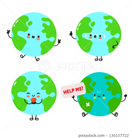 Adorable cartoon earth characters expressing different emotions related to the environment. 130157722