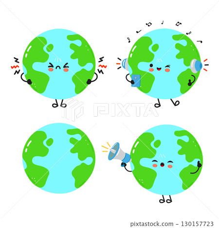 Adorable cartoon earth characters expressing various emotions with different tools. Adorable cartoon earth characters expressing various emotions with different tools. 130157723