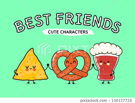 A cute cartoon featuring beer, pretzel and nachos with smiling faces against a teal backdrop. A cute cartoon featuring beer, pretzel and nachos with smiling faces against a teal backdrop. 130157728