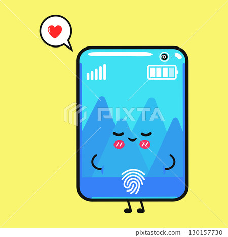 A sweet cartoon smartphone expressing love with a heart in a speech bubble against a yellow backdrop. 130157730