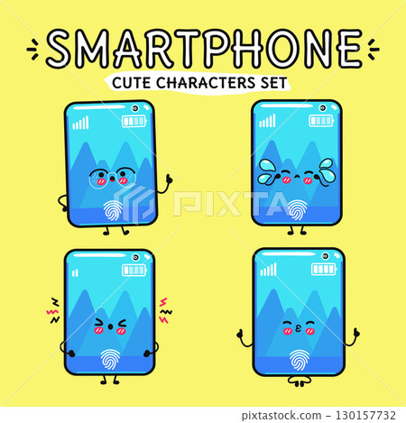 A vibrant illustration of cute smartphone characters displaying a range of emotions, perfect for design. 130157732