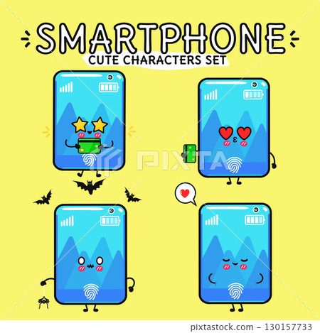 Adorable smartphone characters expressing different emotions, perfect for tech-related designs. 130157733