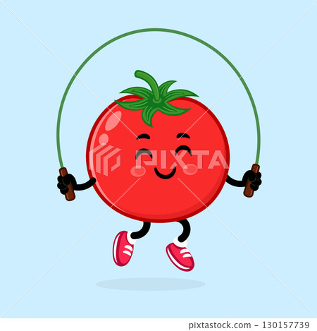 A cartoon tomato happily jumps rope, promoting healthy habits and fun activities. 130157739