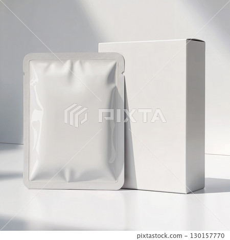 White blank sachet pouch and paper box packaging mockup standing on white surface in natural sunlight for cosmetic, supplement or food product branding design 130157770