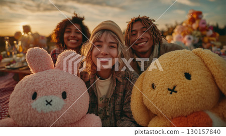 Diverse group of friends enjoying a sunset picnic with plush toys Diverse group of friends enjoying a sunset picnic with plush toys 130157840
