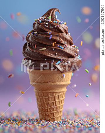 Delightful chocolate ice cream swirls in a crispy waffle cone 130157963