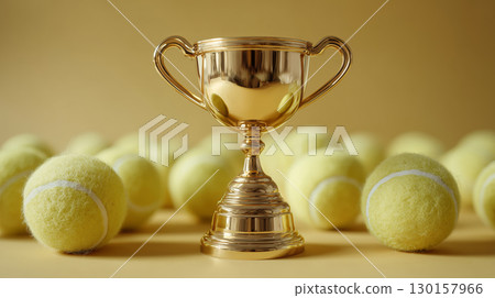Shining golden trophy surrounded by vibrant green tennis balls 130157966