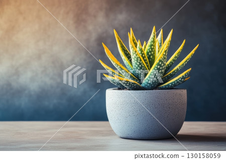 Brightly colored succulent in a textured pot against a dark backdrop creating a calming interior vibe 130158059