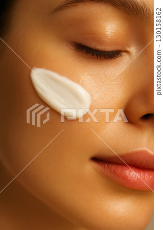 Macro view of smooth cream being applied to glowing skin on woman cheek, highlighting healthy texture and natural beauty with calm and serene expression 130158162