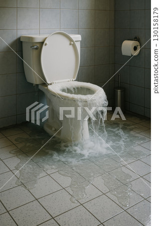 Overflowing toilet with water spilling onto tiled floor creating messy sanitation emergency in bathroom with gray tiles and toilet paper roll on wall Overflowing toilet with water spilling onto tiled floor creating messy sanitation emergency in bathroom with gray tiles and toilet paper roll on wall 130158179