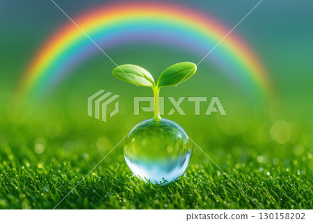 Tiny green seedling sprouting from clear water droplet on fresh grass with vibrant rainbow arch in background, symbolizing hope, growth, and nature beauty 130158202