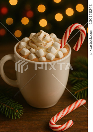 Cup of hot cocoa with marshmallow topping and whipped cream sprinkled with cinnamon, decorated with candy cane, surrounded by pine branches and warm festive lights 130158248