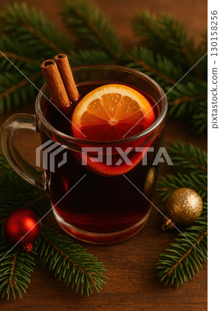 Festive mulled wine in glass mug with orange slices and cinnamon sticks surrounded by pine branches and Christmas ornaments creating cozy winter atmosphere 130158256