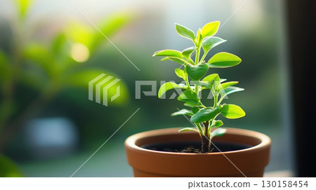 Growing plant in a sunlight-filled room showing fresh green leaves in a terracotta pot 130158454