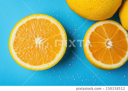 Freshly cut oranges displayed on a vibrant blue background with droplets of water for a refreshing look 130158512