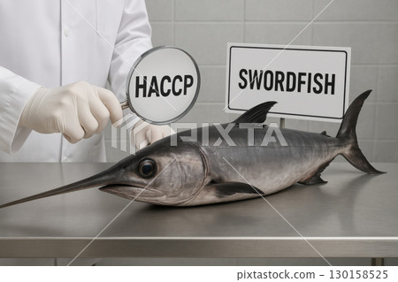 Swordfish on stainless steel table under inspection with magnifying glass labeled HACCP for seafood safety compliance in clean tiled environment showing quality control process 130158525