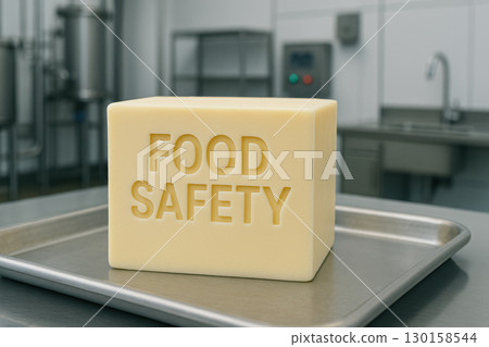 Butter cube with food safety engraved lettering displayed on metal tray in modern dairy inspection facility, emphasizing hygiene and quality control in food production 130158544