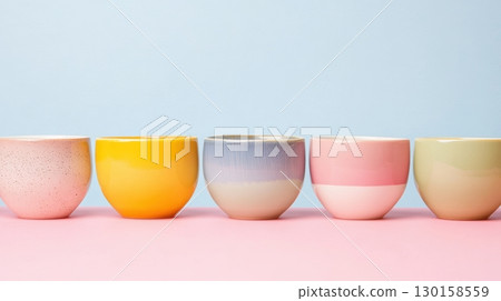 Colorful ceramic cups arranged neatly on a pink surface against a light blue background 130158559