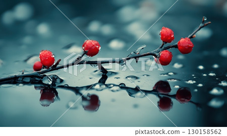 Bright red berries glisten on a branch in the rain reflecting the soft light during a tranquil morning 130158562
