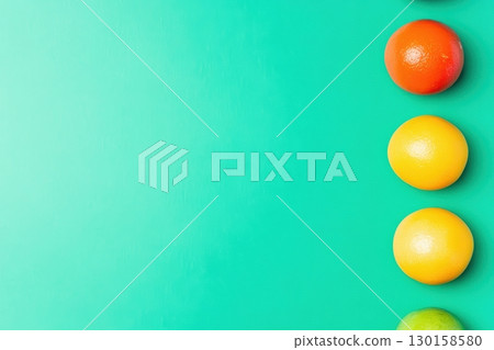 Colorful arrangement of citrus fruits on a bright turquoise background showcasing freshness and vibrancy Colorful arrangement of citrus fruits on a bright turquoise background showcasing freshness and vibrancy 130158580