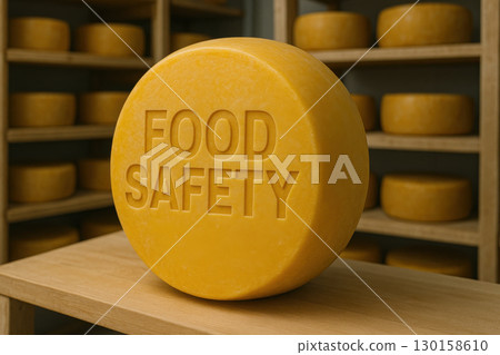 Large round wheel of yellow cheese with food safety text engraved on rind placed on wooden table in cheese aging room with shelves full of cheese wheels 130158610