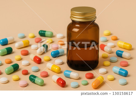 Assorted multicolored capsules and tablets scattered around amber medicine bottle on beige background, symbolizing healthcare and pharmacy concepts with calm atmosphere 130158617