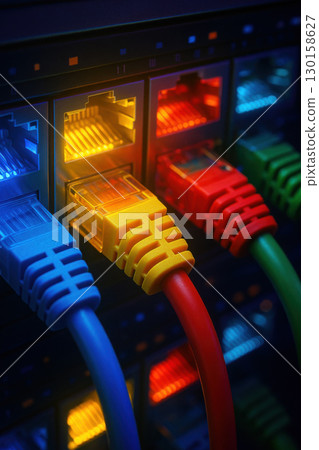 Colorful network cables plugged into glowing ports on server panel, symbolizing fast internet connection and data transfer with vibrant blue, yellow, red, and green cables 130158627