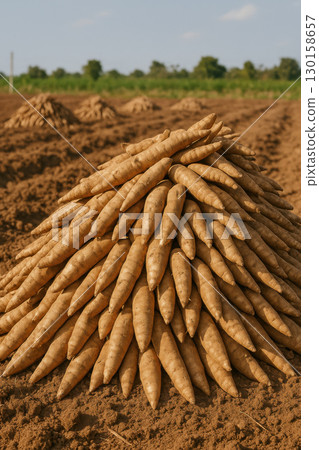 Freshly harvested cassava roots stacked in farmland rows under clear sky, showcasing agricultural production and food industry concept with natural earthy tones and rural landscape 130158657