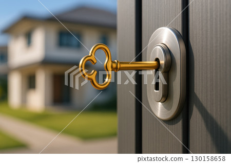 Golden key inserted in silver lock on modern house door with blurred residential building background symbolizing real estate ownership and security concept 130158658