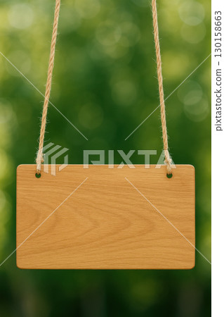 Wooden signboard hanging with natural rope against blurred green foliage bokeh background, smooth texture and empty space for text or design, outdoor nature concept 130158663