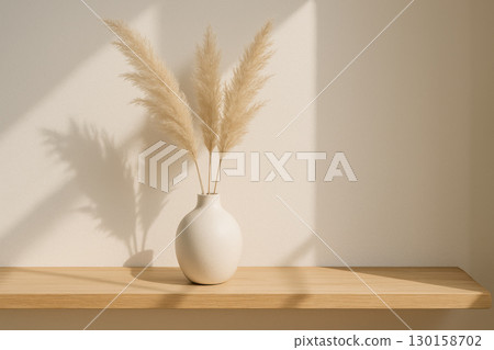 White ceramic vase with pampas grass on wooden shelf sunlight casting soft shadows modern minimal home decor concept with natural warm tones and calm atmosphere 130158702