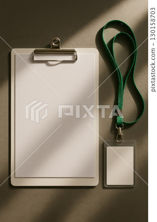 White clipboard with blank sheet and green lanyard ID badge placed on gray surface with sunlight beam creating soft shadow and warm atmosphere 130158703