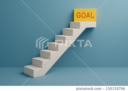 White staircase with yellow platform labeled goal on blue background symbolizing achievement and success concept with progress and motivation for business and personal growth 130158706