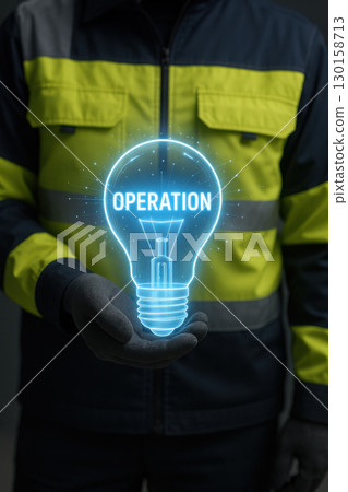 Worker in reflective uniform holding glowing holographic light bulb labeled operation, symbolizing futuristic industrial innovation and technology concept with dark background 130158713