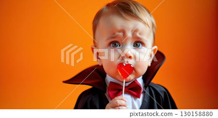 Child in vampire costume with lollipop 130158880