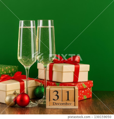 New Years Eve celebration with champagne and gifts. Two champagne glasses with bubbles, wrapped gift boxes, Christmas ornaments New Years Eve celebration with champagne and gifts. Two champagne glasses with bubbles, wrapped gift boxes, Christmas ornaments 130159050