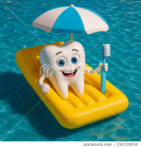 Happy tooth with toothbrush relaxing on yellow inflatable in pool. Fun summer dental care and oral hygiene 130159054