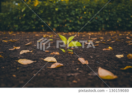 Young plant grows through fallen leaves in a rich soil environment during autumn season 130159080