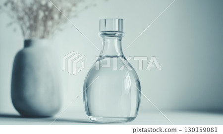 Clear glass bottle filled with water placed beside a vase with dried flowers on a minimalist table 130159081