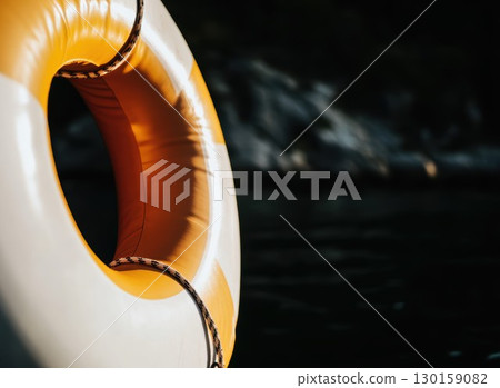Life buoy floating on calm waters near a rocky shoreline during the late afternoon light 130159082
