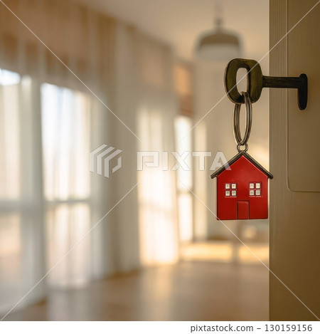 Key with red house keychain in door of modern apartment, real estate sale, rent or moving into new home Key with red house keychain in door of modern apartment, real estate sale, rent or moving into new home 130159156