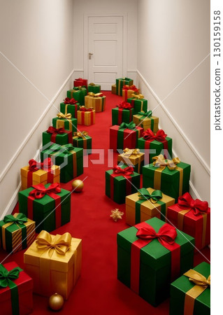 Christmas gift boxes in hallway with red carpet and white door. Festive and magical holiday concept Christmas gift boxes in hallway with red carpet and white door. Festive and magical holiday concept 130159158