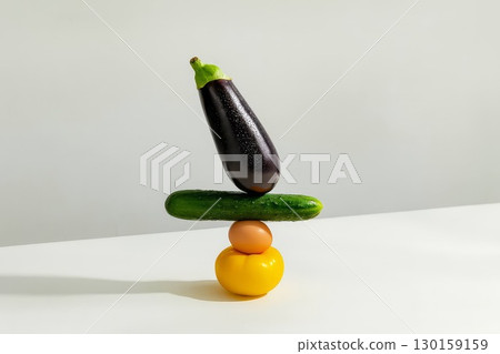 Creative food balance with eggplant cucumber egg and yellow tomato Creative food balance with eggplant cucumber egg and yellow tomato 130159159