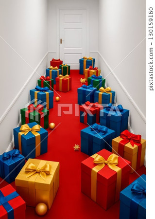 Colorful gift boxes in hallway with red carpet and white door. Festive holiday interior concept for Christmas New Year Colorful gift boxes in hallway with red carpet and white door. Festive holiday interior concept for Christmas New Year 130159160