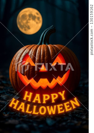 Halloween pumpkin with glowing face and full moon in dark forest in background. Dark atmospheric autumn for seasonal design 130159162