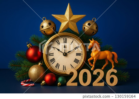 Golden horse with 2026 numbers and New Year clock. symbolizing New Year celebration 130159164